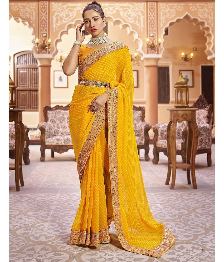 Satrani Georgette Printed Saree With Unstitched Blouse Piece ( Yellow )