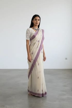 Saura Art Cotton Saree Beige Purple Mandala Medallion Saura Art Cotton Saree Beige Purple Mandala Medallion