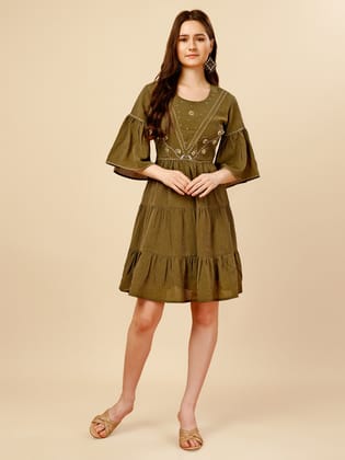Green Flared Georgette Round Neck Tunic-S