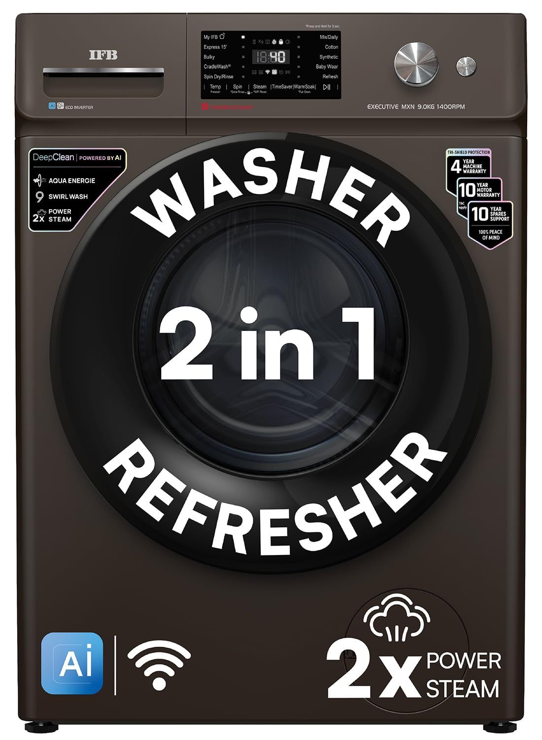 IFB 9 Kg 5 Star, DeepClean Technology, AI Powered, WiFi, Fully Automatic Front Load Washing Machine (EXECUTIVE MXN 9014K CMS, PowerSteam, 9 Swirl, Steam Refresh, Inbuilt Heater, Eco Inverter, Mocha) IFB 9 Kg 5 Star, DeepClean Technology, AI Powered, WiFi