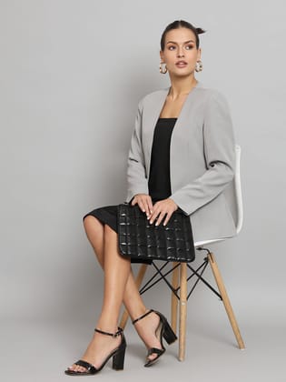 Lapel less Stretch Blazer- Grey-M