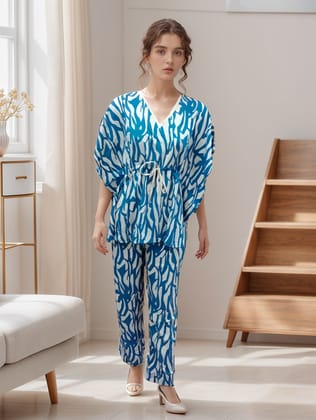 Fablush Women's Short Kaftan Nightwear | 100% Modal Rayon | FB15013-Teal Printed / M