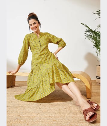 Janasya Women Cotton Printed Fit & Flare Dress ( Mustard )