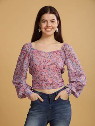 Women Floral Top, Full Sleeve, Polyester, Mutilcolour-S / Multicolor