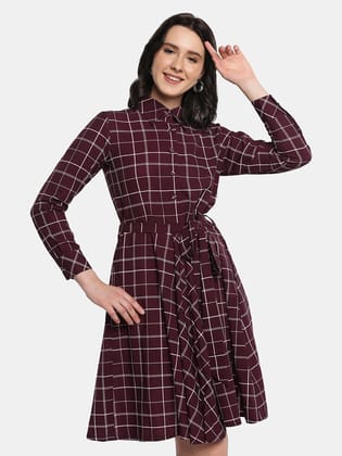 Poly Crepe Checkered Flare Shirt Dress - Maroon-S