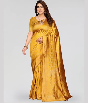 HEMA SILK MILLS Silk Printed Regular Saree With Unstitched Blouse Piece ( Gold )