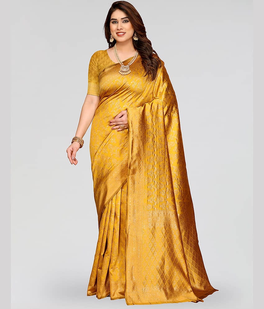 HEMA SILK MILLS Silk Printed Regular Saree With Unstitched Blouse Piece ( Gold )