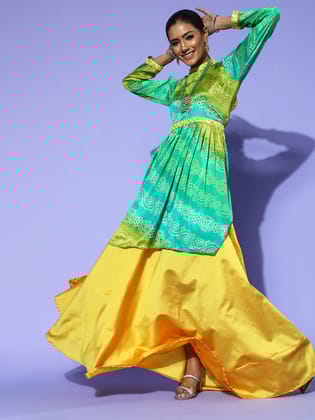 Rang Gali Bandhani Print Tunic With Skirt For Women-S / Yellow Green