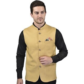 PrintCulture Men Self Design Yellow Cotton Blend Nehru Jacket