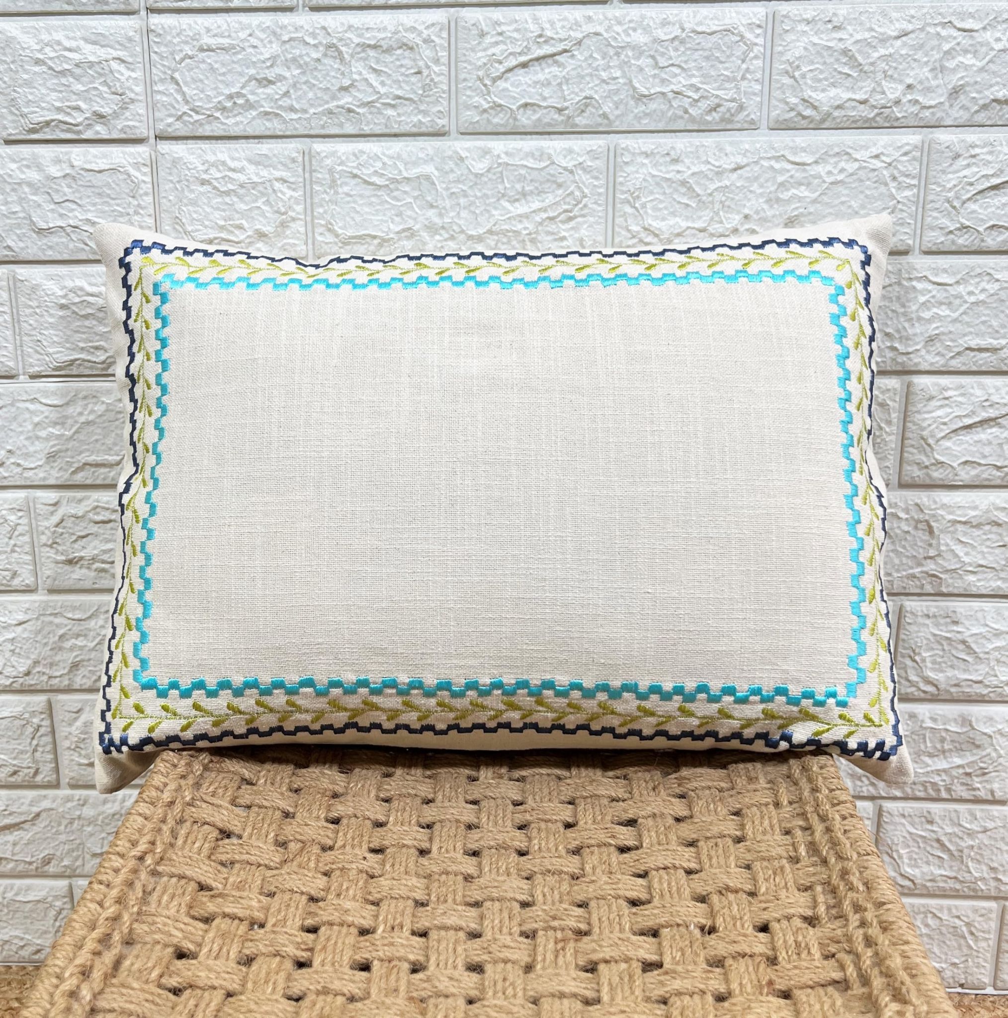 Indihomecraft Blue Border Cushion Cover Hand Embroidery Inspired Decorative Boho Cushion Cover for Sofa Couch Swing Chair Living Room & Bedroom 14 x 20 Inches, Pack of 1