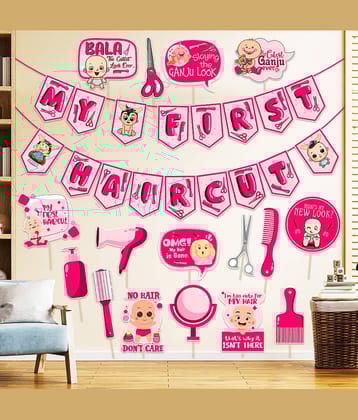 Zyozi My First Hair Cut Decorations/ Mundan Ceremony Decorations Set For Baby Girl - My First Hair Cut Banner & Photo Booth Props, Pink (Pack Of 17)