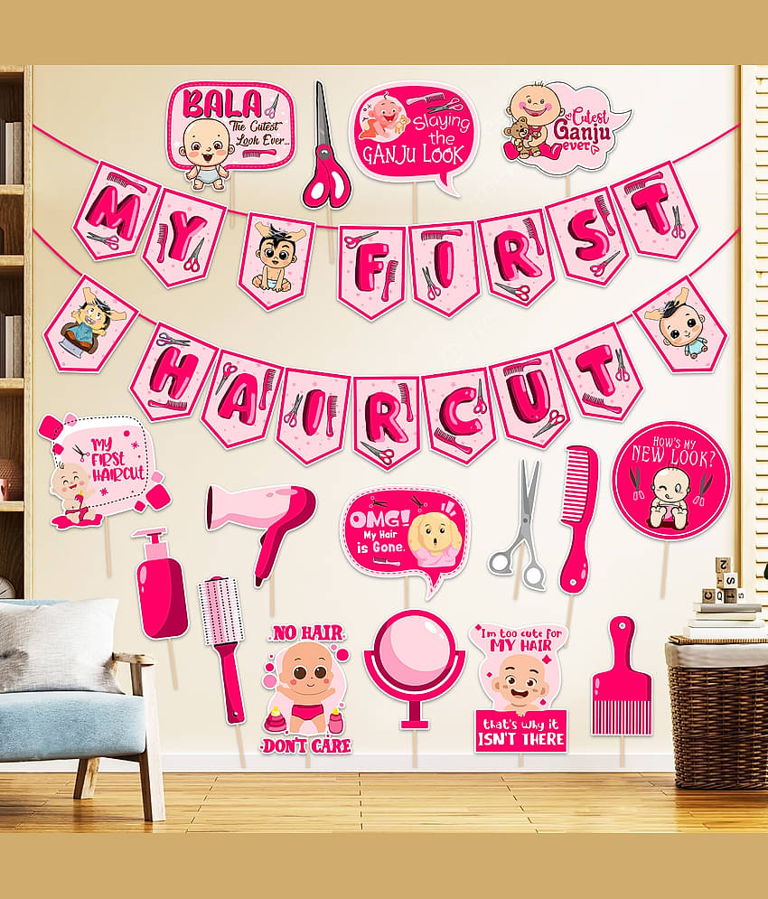 Zyozi My First Hair Cut Decorations/ Mundan Ceremony Decorations Set For Baby Girl - My First Hair Cut Banner & Photo Booth Props, Pink (Pack Of 17)