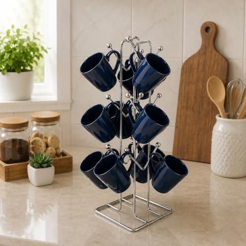 Silver Stainless Steel Tabletop Cubby Shelf Cup Rack - Ideal for Kitchen, Coffee, and Tea Mug Display,