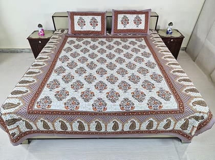 Bedsheet Set Floral Printed Cotton with Pillow Covers, Intricate Ethnic Rajasthani Design, 100% Cotton, 210 x 226 cm,Best for Single Bed & Big Deewan Sets