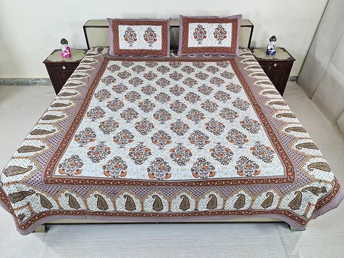Bedsheet Set Floral Printed Cotton with Pillow Covers, Intricate Ethnic Rajasthani Design, 100% Cotton, 210 x 226 cm,Best for Single Bed & Big Deewan Sets
