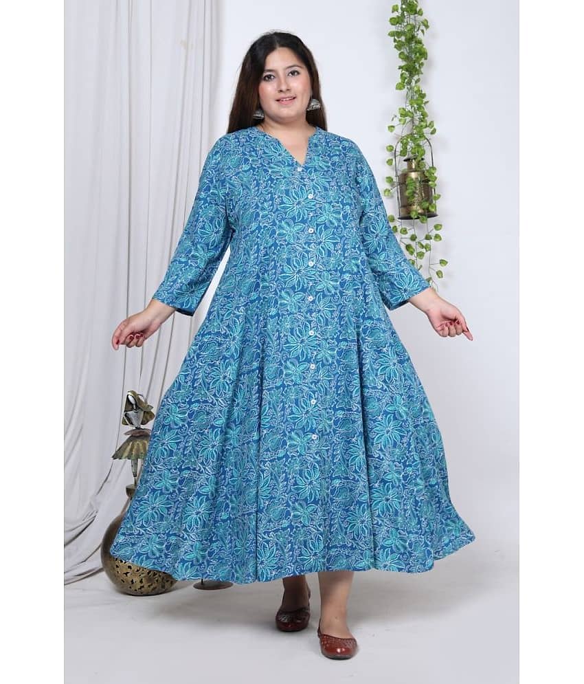 Swasti Cotton Blend Printed Anarkali Women's Kurti - Blue ( Pack of 1 )