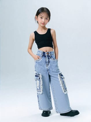 Girls Wide Leg Cargo Jeans [GJ-982] (1-14Years)-9M-12M (Size - 16) / Blue / Denim