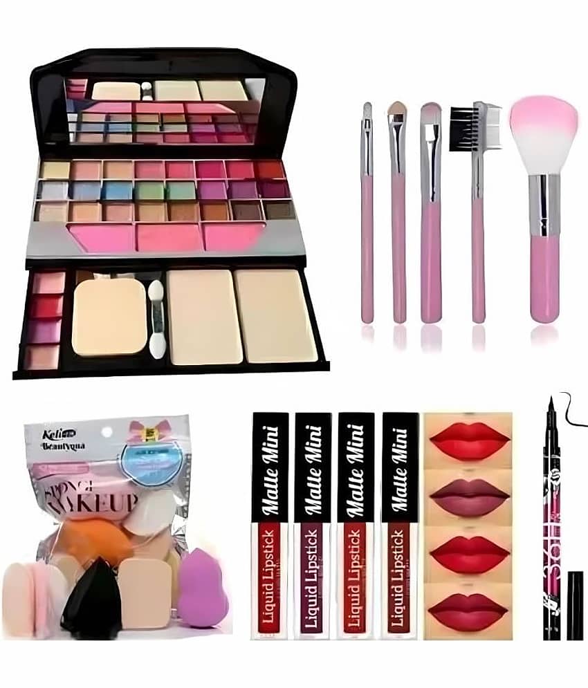 Lenon Makeup Kit ( 6155,5PCBRUSH,6IN1PUFF,REDMATTE,36HRS EYELINER )