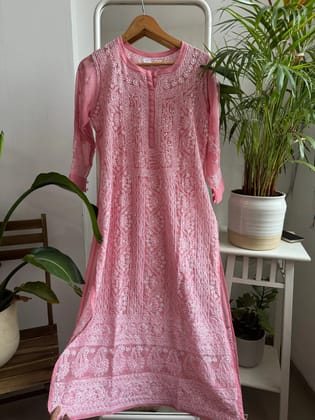 Chikankari Resham Jaal Kurti - Pink-Pink / Semi Georgette / M