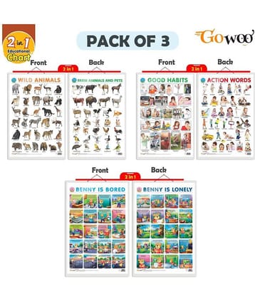 Set of 3 |2 IN 1 WILD AND FARM ANIMALS & PETS, 2 IN 1 GOOD HABITS AND ACTION WORDS and 2 IN 1 BENNY IS BORED AND BENNY IS LONELY Early Learning Educational Charts for Kids