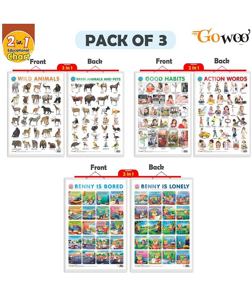 Set of 3 |2 IN 1 WILD AND FARM ANIMALS & PETS, 2 IN 1 GOOD HABITS AND ACTION WORDS and 2 IN 1 BENNY IS BORED AND BENNY IS LONELY Early Learning Educational Charts for Kids