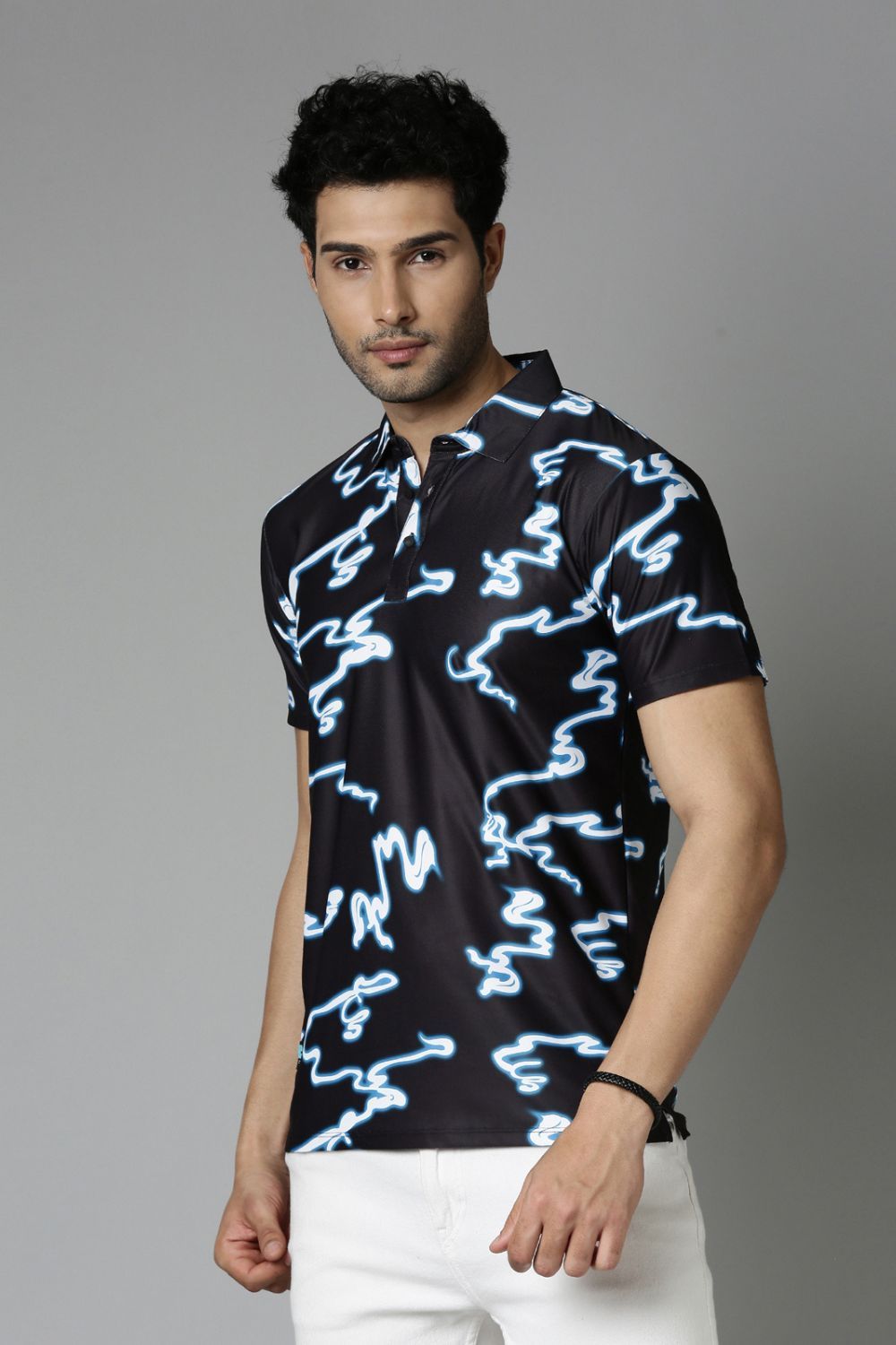 Midnight-Black Printed Polo T-Shirt-L