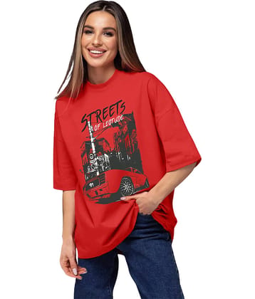 Leotude Women Cotton Blend Printed Oversized Fit Round Neck T-Shirt ( Red )