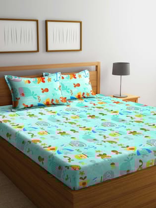 Multicoloured Cartoon Characters Printed 300 TC King Bedsheet with 2 Pillow Covers
