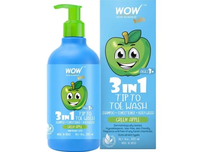 WOW Kids Tip To Toe Wash - Shampoo - Conditioner - Body Wash - No Sulphates & Parabens - Green Apple - 300ml