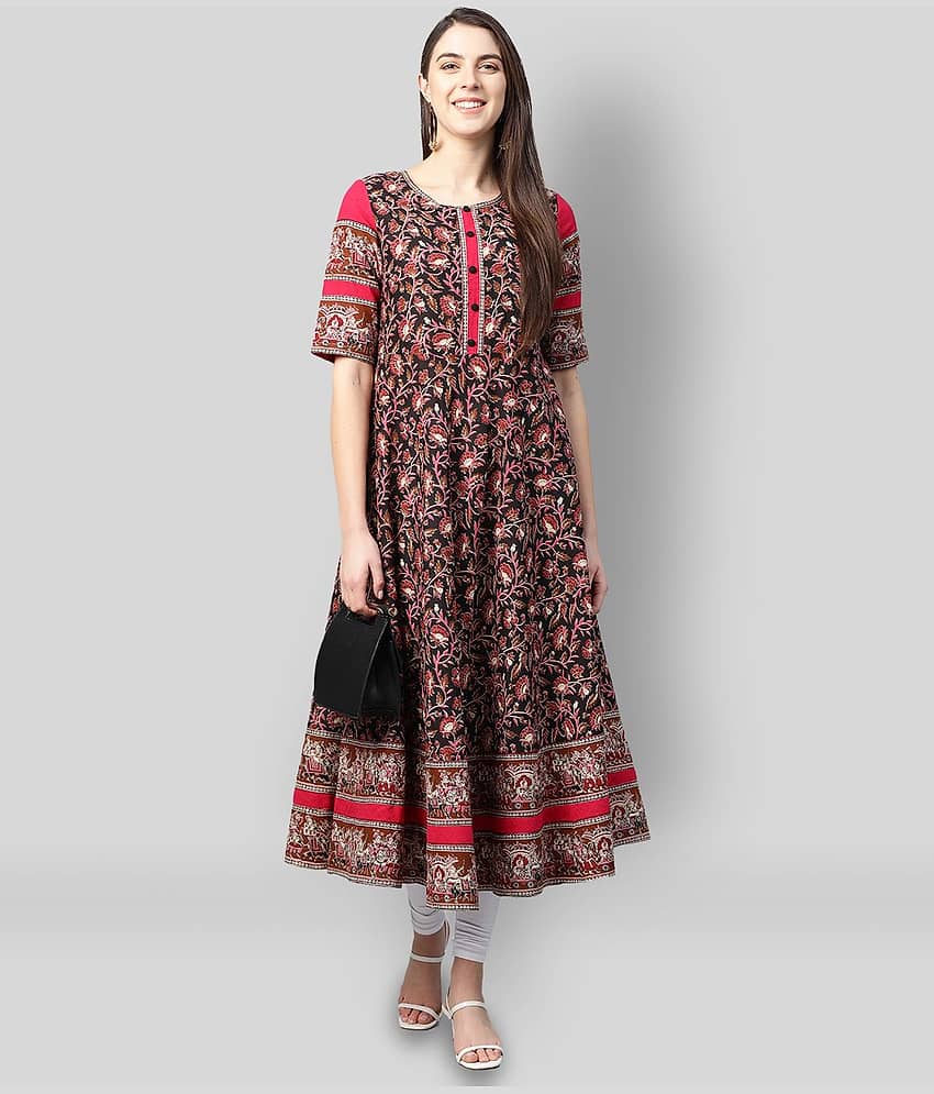 Yash Gallery Pack of 1 Cotton Printed Flared Women's Kurti - ( Black )