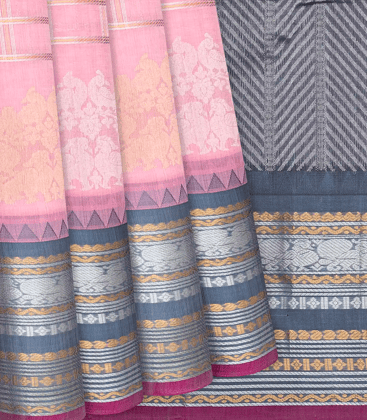 Bubble gum Pink Handloom Chirala Silk Cotton Saree With Annam Motifs-BubbleGum Pink-Bubblegum Pink