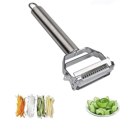 VilLWin Stainless Steel 2 in 1 Julienne Vegetable Peeler Multi-Functional Fruit Vegetable Shredder Slicer Double Planing Cutter Potato Cucumber Carrot Melon Grater (Silver, 18 x 8.2 x 2.4 cm)
