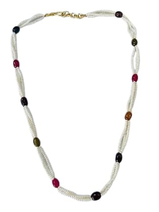 Handmade Pearl Beaded Necklace with Multicolor Gemstone Accents, White Pearl Strands, Gold-Tone Clasp, Fashion Jewelry