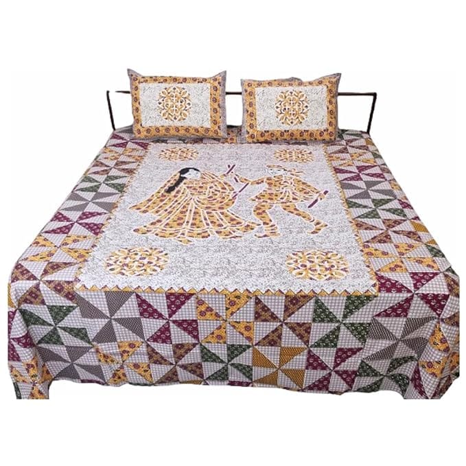 Jaipuri Cotton bedsheet with Two Pillow Covers (Yellow)