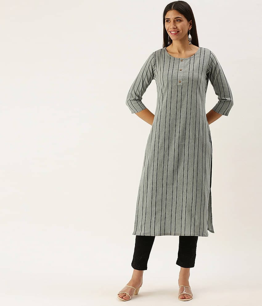 Hritika Cotton Blend Striped Straight Women's Kurti - Grey ( Pack of 1 )