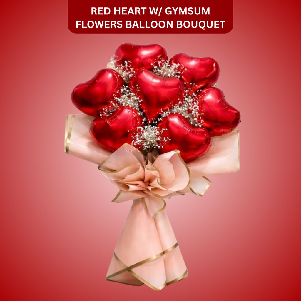 Red Heart Shape Foil Balloon Set w/ Gymsum Flowers - Air Filled - 10 inches - 7PC - Flowers | Buy online on ZillyBuy