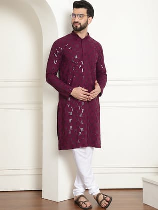Men's Cotton Embroidered Sequinned Purple Kurta With white churidar Pyjama-36