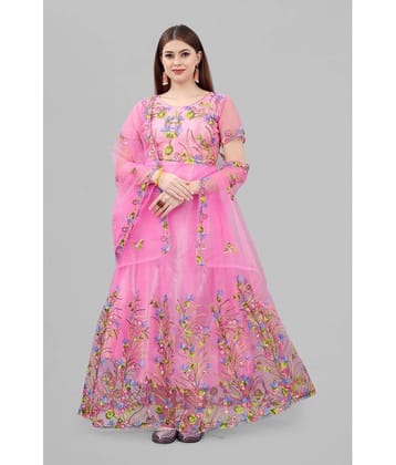 JULEE - Peach Anarkali Net Women's Semi Stitched Ethnic Gown ( Pack of 1 )
