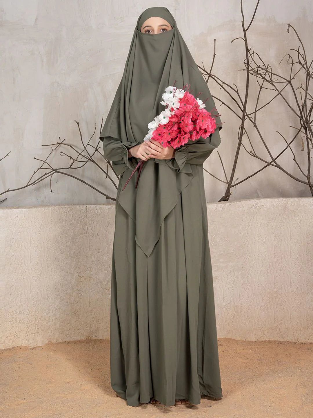 Abaya With Khimar - Nude Olive Green-XS