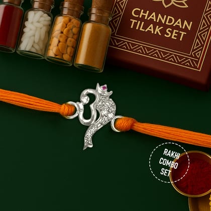 Pure 92.5 Silver Om with Ganesha Trunk Rakhi with Chandan Tilak Set