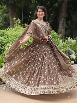 Brown Faux Blooming With Embroidered Sequins Lehenga Choli-free-size
