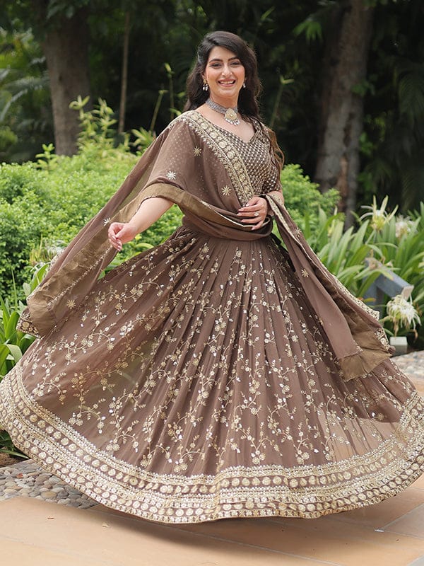 Brown Faux Blooming With Embroidered Sequins Lehenga Choli-free-size