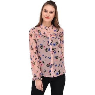 Purys Women Orange Poly Cotton Floral Casual Shirt