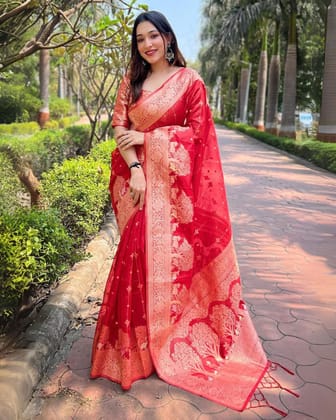 Satrangi Re Organza Silk Zari Woven Flame Red Saree