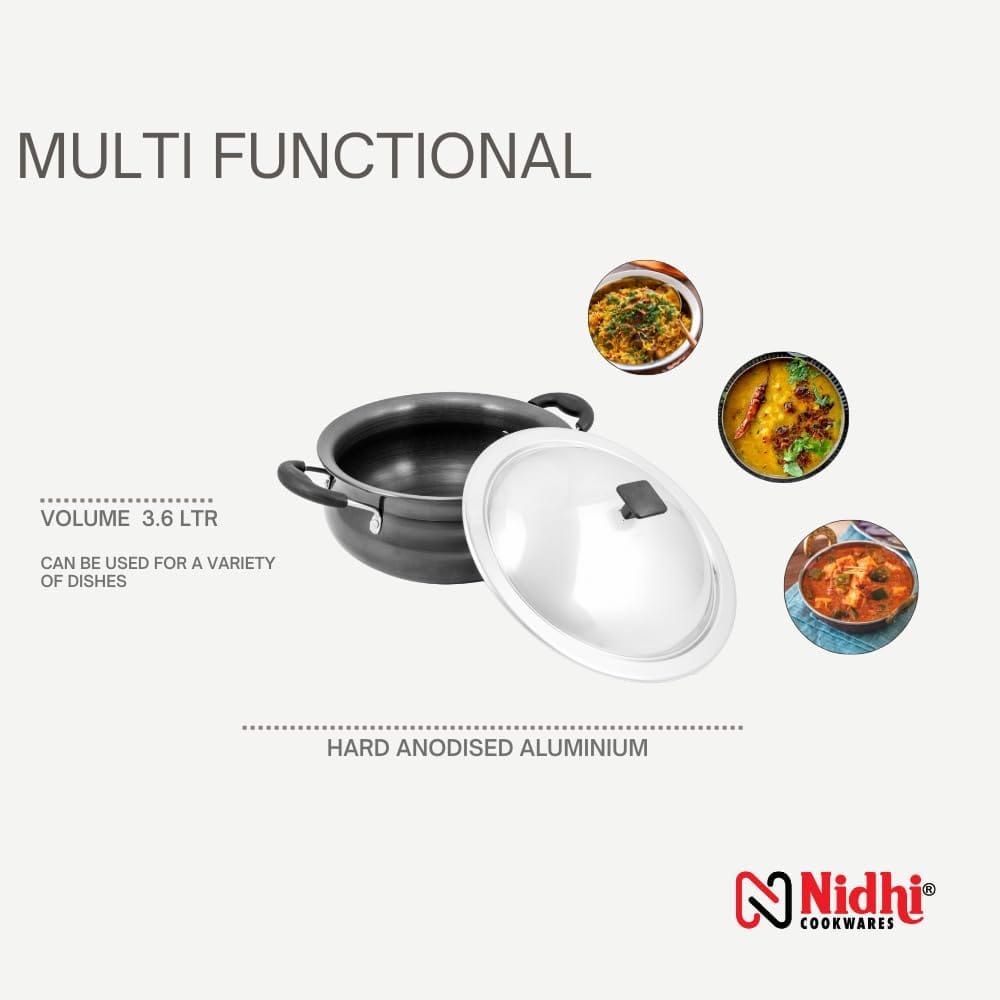 Nidhi Hard ANODISED Handi with SS LID I 3.6 LTR I 3MM (Non-Toxic, Non Reactive/Black) Thickness