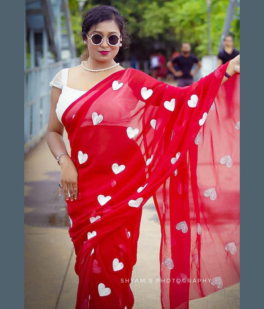 ANAND SAREES Chiffon Embroidered Saree With Unstitched Blouse Piece ( Red )