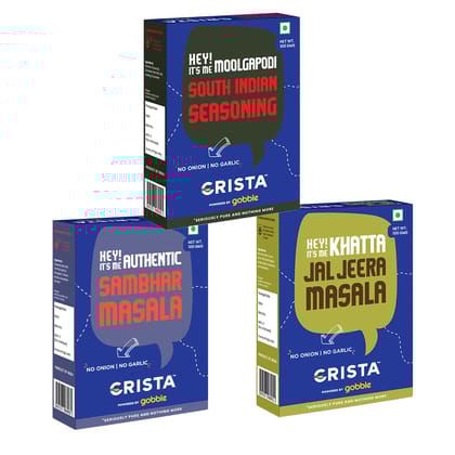 CRISTA South Indian Seasonings Combo Pack (Sambhar Masala, 100 gm, Moolgapodi 100 gm & Jal Jeera Masala 100 gm) - Pack of 3 CRISTA South Indian Seasonings Combo Pack (Sambhar Masala, 100 gm, Moolgapodi 100 gm & Jal Jeera Masala 100 gm) - Pack of 3