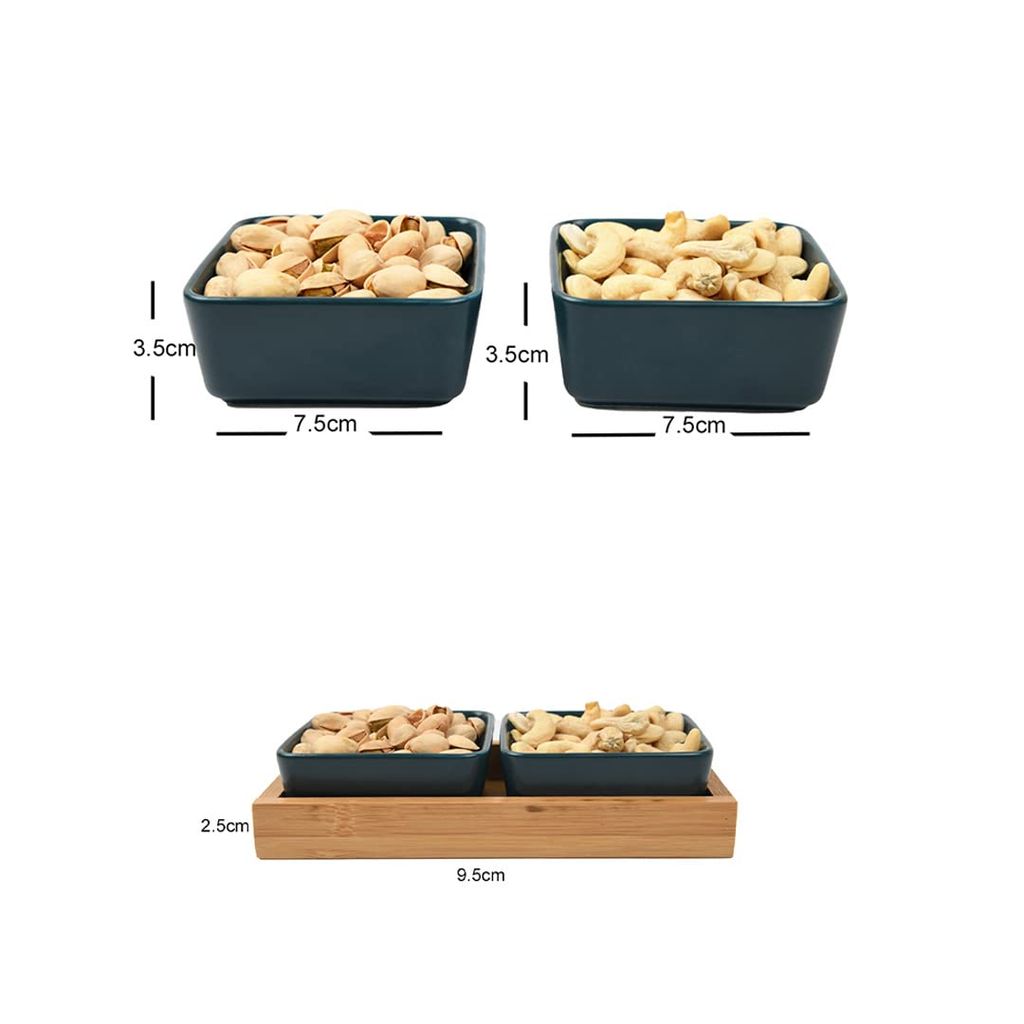 Femora Green Glossy Ceramic Bowls and Rectangular Serving Tray, 9 Units in Bundles, (Set of 6 Bowl, 3 Pcs Tray)