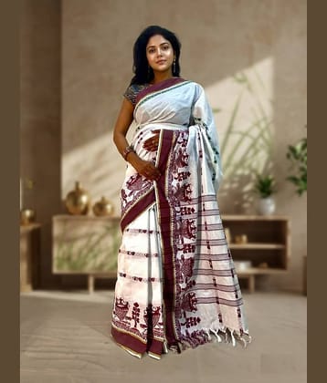 shopeezy tex fab Cotton Blend Self Design Tant Saree Without Blouse Piece ( White,Maroon )