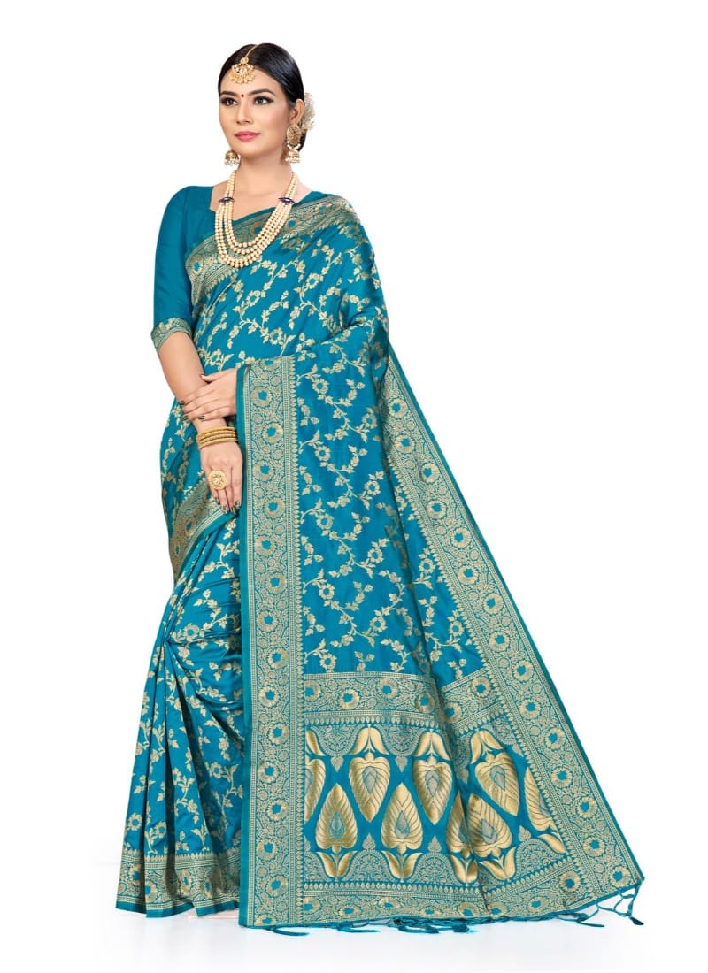 Generic Women's Banarasi Silk Saree (Sky Blue, 5-6 Mtr)